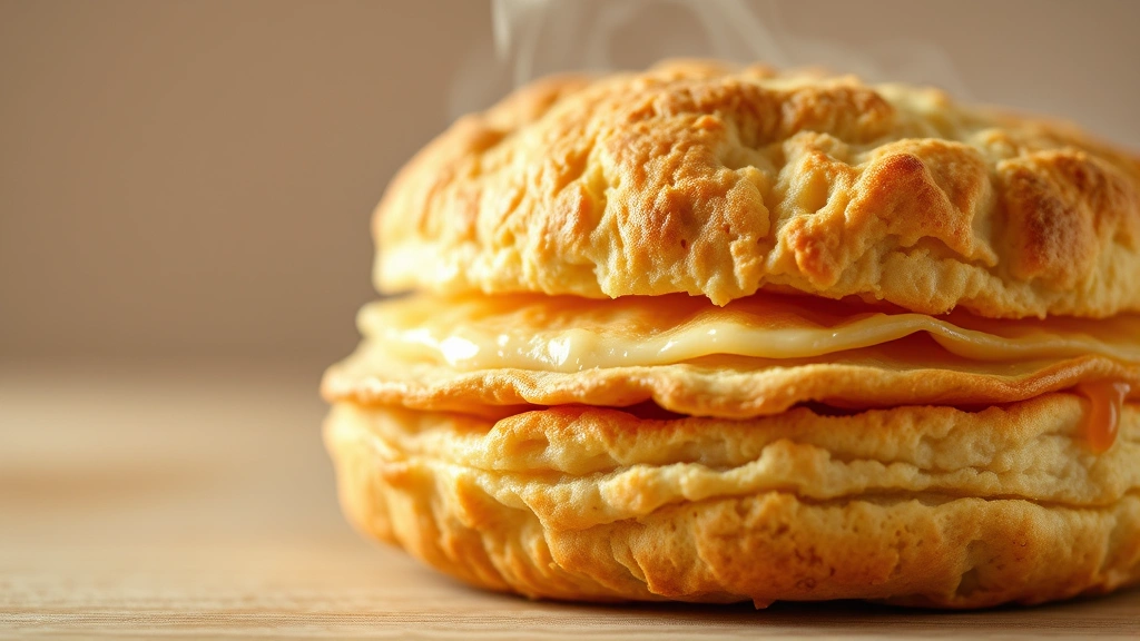 Close-up macro shot of biscuit texture showing layers, steam rising, butter glistening, against soft neutral background, depth of field effect, no text visible