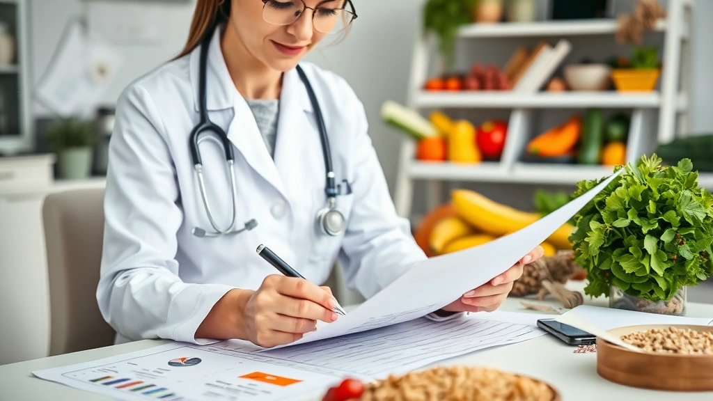 Registered dietitian woman reviewing nutrition documents and food charts at desk with healthy food items like vegetables and whole grains in blurred background, professional healthcare setting