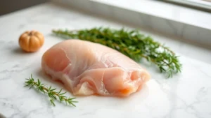 Professional food photography of raw skinless boneless chicken breast fillet on white marble countertop with fresh herbs like rosemary and thyme scattered nearby, natural window lighting, shallow depth of field, clean culinary aesthetic, no text or labels visible