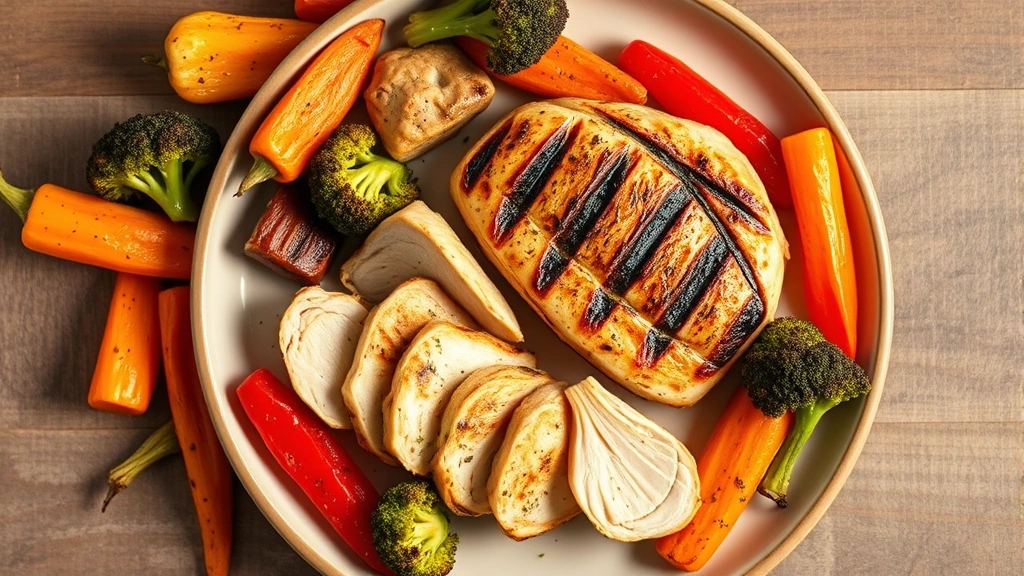 Overhead flat lay composition of grilled chicken breast sliced on a ceramic plate surrounded by roasted colorful vegetables including broccoli, bell peppers, and carrots, warm natural lighting, nutritious meal presentation, photorealistic food styling