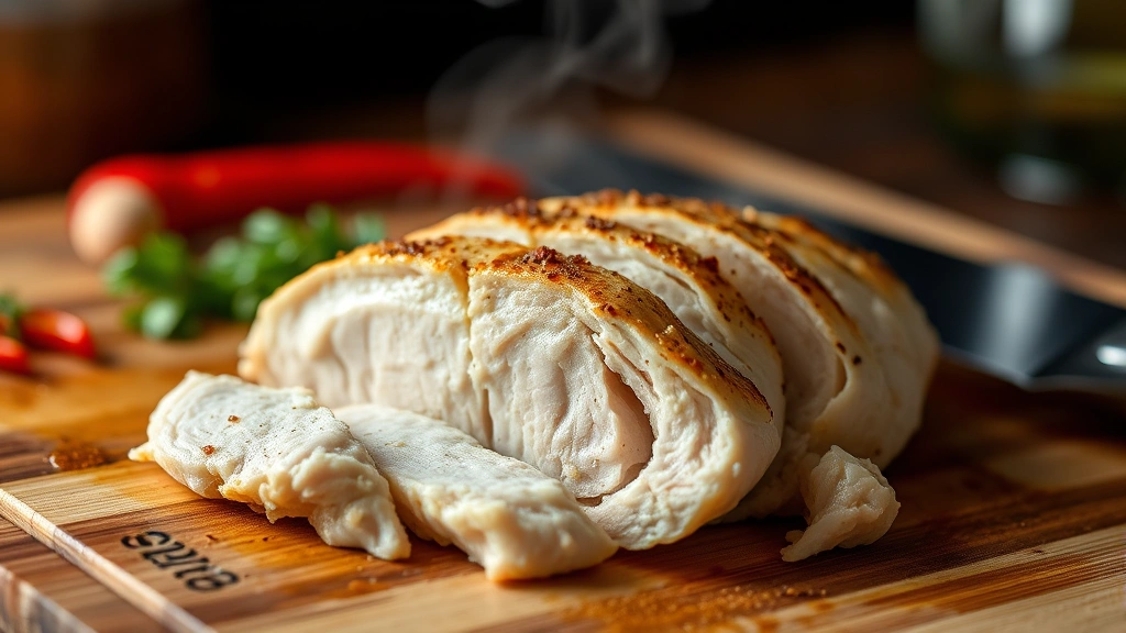 Close-up macro photography of cooked chicken breast showing protein structure and texture, steam rising, prepared on wooden cutting board with kitchen utensils, professional food photography lighting, emphasizing nutritional quality and freshness, no text