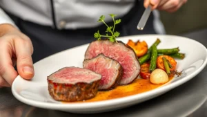 Professional chef plating a perfectly cooked filet mignon steak with fresh herb garnish and roasted vegetables on white ceramic plate, studio lighting, shallow depth of field, food photography style