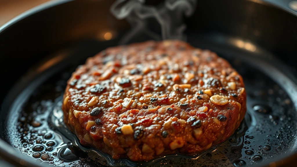 Close-up of a perfectly cooked ground beef patty sizzling in a cast iron skillet, showing the browned surface texture and moisture, with steam rising, warm kitchen lighting, professional food photography