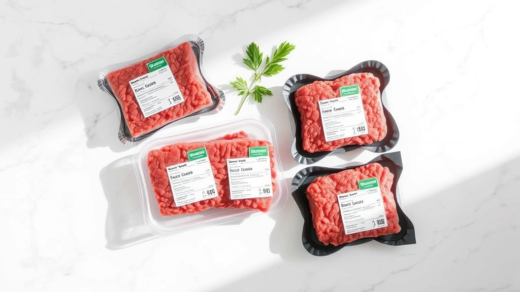 Overhead flat lay of various ground beef packages on marble countertop showing different lean ratios (80/20, 90/10, 93/7), nutrition labels visible, natural daylight, minimalist styling