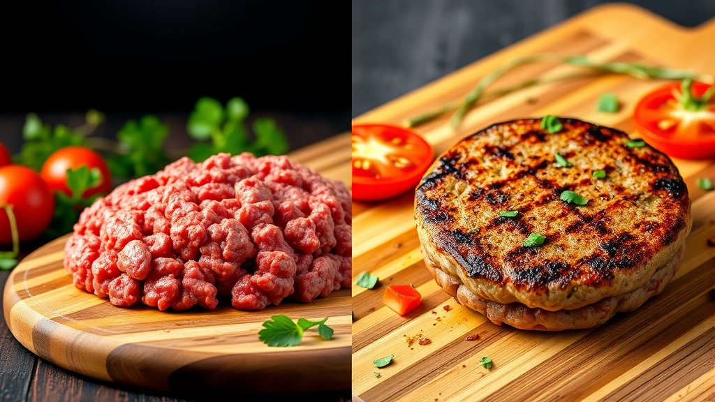 Split-screen comparison showing raw ground beef on left side and grilled hamburger patty on right side on wooden cutting board, fresh herbs and tomato slices nearby, vibrant natural colors, studio lighting