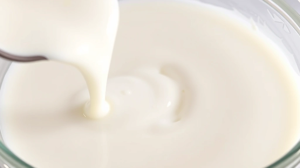 Close-up photograph of fresh heavy cream being poured into a clear glass bowl, showing rich white liquid texture and glossy surface, professional kitchen lighting, shallow depth of field highlighting cream consistency