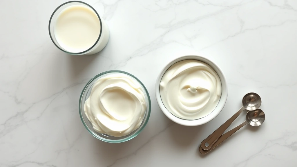 Overhead flat lay composition of dairy products arranged on marble surface: glass of whole milk, bowl of Greek yogurt, container of heavy cream, and measuring spoons, natural daylight illumination, minimalist styling