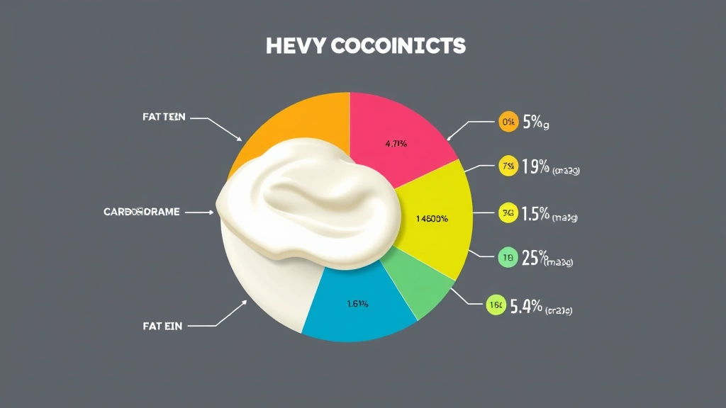 Digital illustration of nutritional information visualization: colorful pie chart showing macronutrient breakdown of heavy cream with fat, protein, and carbohydrate percentages, modern clean design aesthetic, no text overlay
