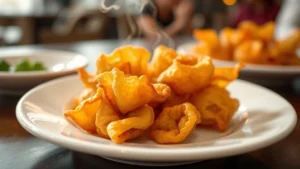 Close-up of golden-brown crispy crab rangoon pieces on white ceramic plate with steam rising, minimalist restaurant plating, shallow depth of field highlighting texture, warm professional food photography lighting, no text or utensils visible