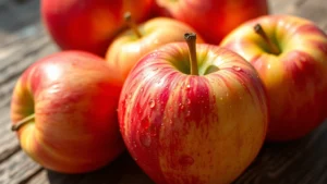 Close-up of fresh gala apples with vibrant red and yellow coloring, water droplets on smooth skin, arranged on rustic wooden surface with natural sunlight highlighting texture and quality