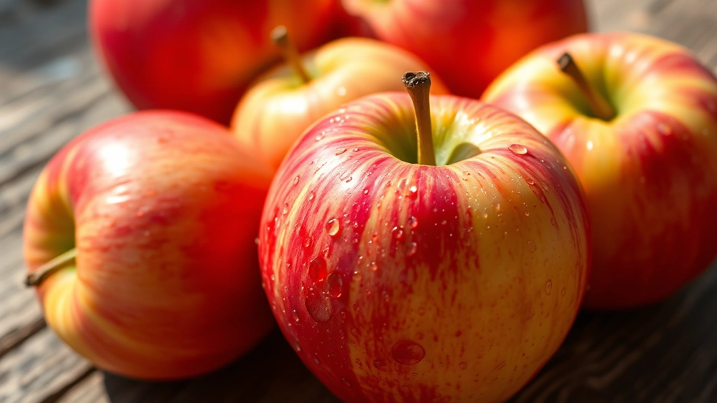 Close-up of fresh gala apples with vibrant red and yellow coloring, water droplets on smooth skin, arranged on rustic wooden surface with natural sunlight highlighting texture and quality