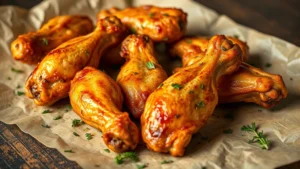 Close-up of golden-brown baked chicken wings on parchment paper with fresh herbs scattered around, steam rising, natural kitchen lighting, photorealistic