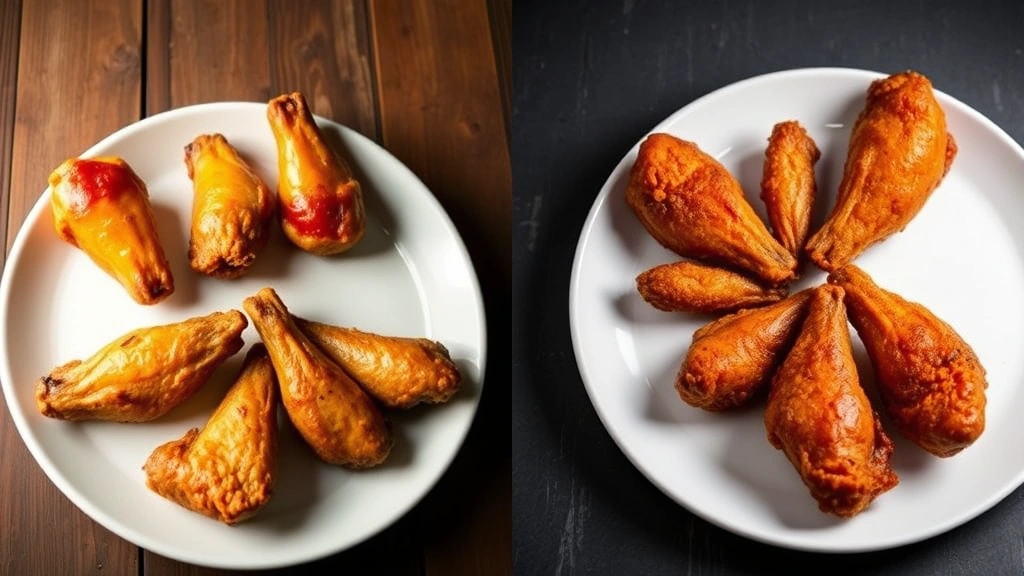 Split-screen comparison showing three baked wings on left side and three air-fried wings on right side, both on white plates, professional food photography lighting