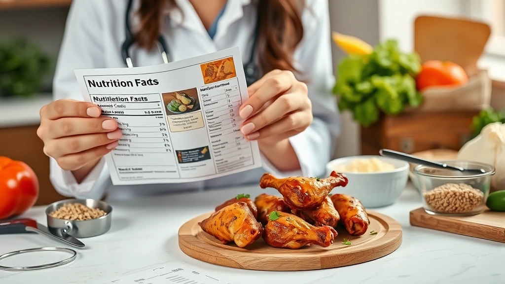 Nutritionist reviewing nutrition label and chicken wing preparation methods on desk with measuring tools, whole grains, and vegetables in background, professional setting