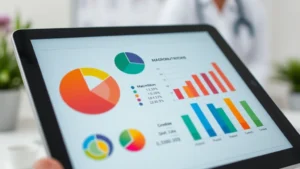 Close-up of colorful nutritional data visualization showing macronutrient breakdown with pie charts and bar graphs on tablet screen, modern flat design aesthetic, professional medical office setting with blurred background