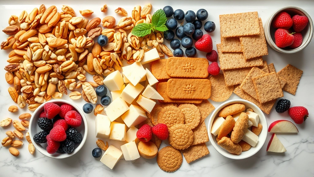 Overhead shot of diverse healthy snack foods including mixed nuts, fresh berries, whole grain crackers, cheese cubes, and apple slices artfully arranged on marble countertop with natural window lighting