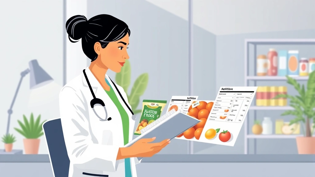 Digital illustration of a nutritionist or dietitian reviewing nutrition labels on packaged foods, modern minimalist office environment, clipboard with data, professional healthcare setting