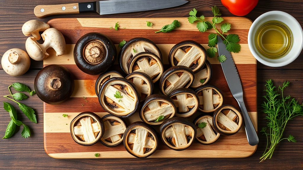 Overhead flat lay of sliced portabella mushrooms on wooden cutting board with herbs and cooking utensils, natural daylight, vibrant colors, professional food styling, clean composition