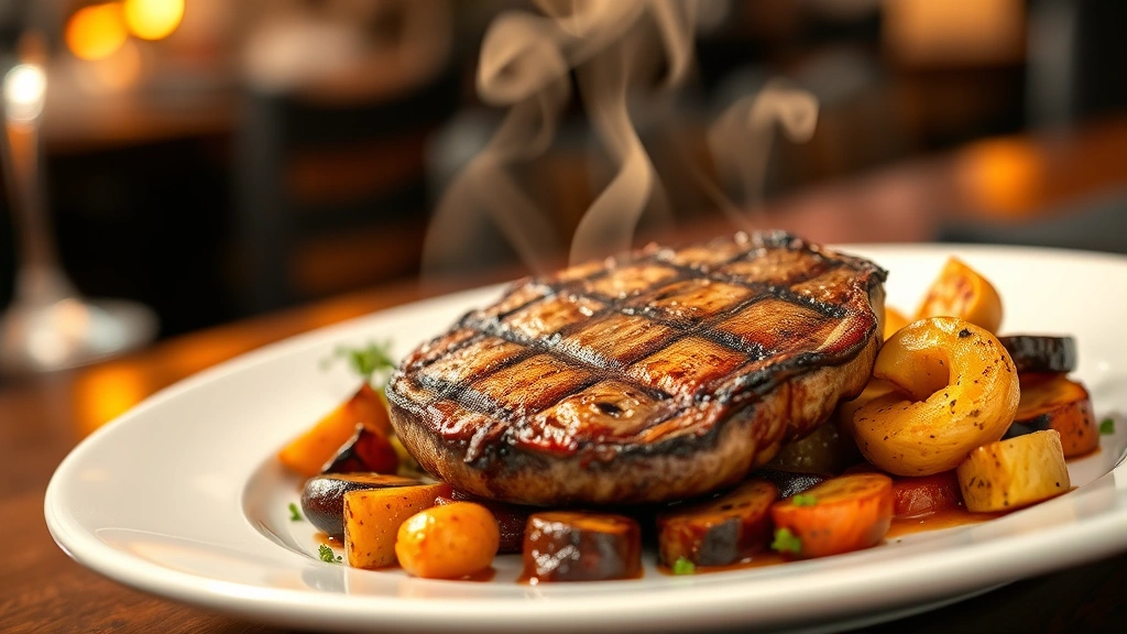 Grilled portabella mushroom steak on white plate with roasted vegetables, steam rising, restaurant-quality presentation, warm lighting, appetizing appearance, professional food photography
