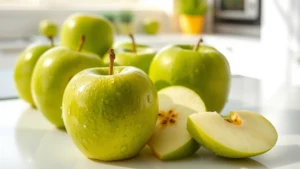 Fresh green apples with water droplets, whole and sliced, displayed on a modern white kitchen counter with natural sunlight highlighting the crisp texture and vibrant green color