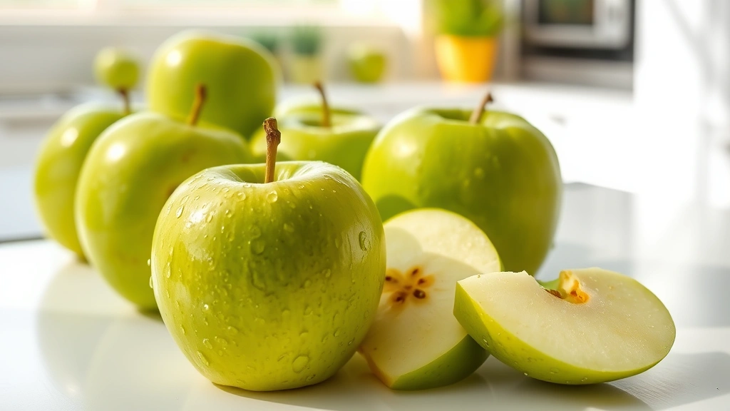 Fresh green apples with water droplets, whole and sliced, displayed on a modern white kitchen counter with natural sunlight highlighting the crisp texture and vibrant green color