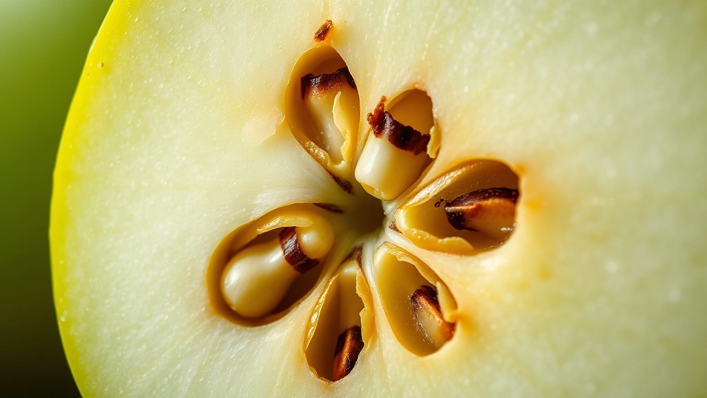 Close-up macro photograph of a green apple cross-section showing the flesh, seeds, and skin detail, emphasizing the natural cellular structure and nutritional density, soft natural lighting