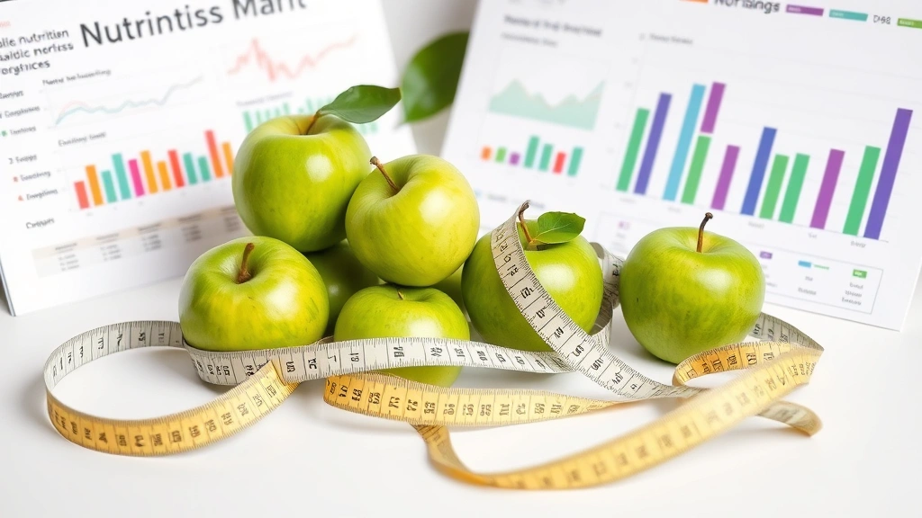 Nutritionist's workspace with green apples, measuring tape, and health charts arranged artfully, representing professional nutrition guidance and wellness analysis, clean modern aesthetic