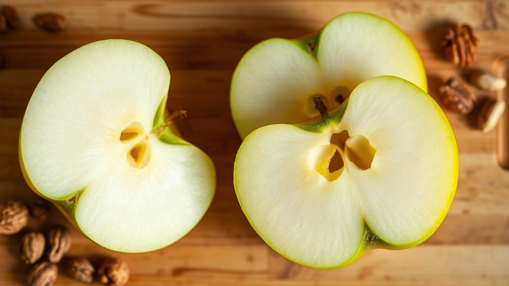 Flat lay composition of sliced Granny Smith apple showing crisp white flesh and thin skin, scattered nuts and seeds nearby, wooden cutting board background, bright natural daylight, professional food photography style