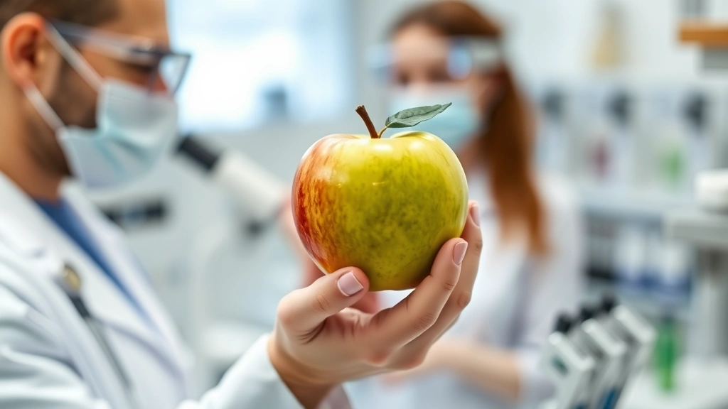 Nutritionist holding fresh Granny Smith apple in clinical setting, analyzing with tools, blurred laboratory background, professional healthcare environment, diverse representation, modern wellness facility aesthetic