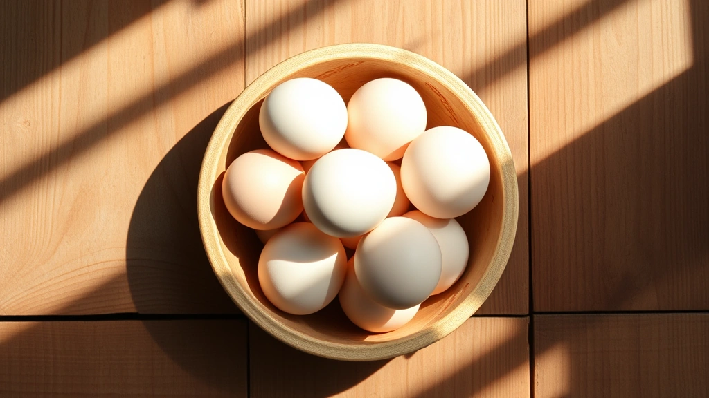 Overhead flat-lay photography of fresh medium eggs in a natural ceramic bowl on a rustic wooden surface with soft morning sunlight creating shadows, showing egg texture details and warm earthy tones, no text or labels visible