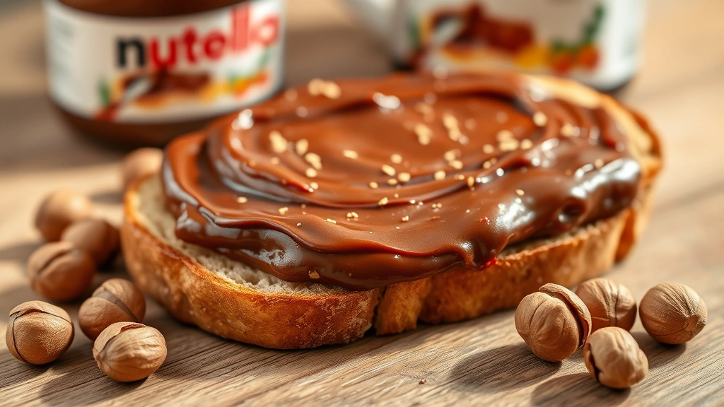 Close-up of Nutella spread on whole wheat toast with hazelnuts scattered beside it on a wooden table, natural morning light, photorealistic styling