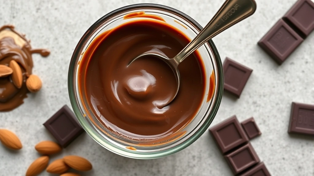 Overhead shot of a small glass bowl containing measured Nutella portion with a measuring spoon, surrounded by alternative healthier spreads like almond butter and dark chocolate, soft diffused lighting