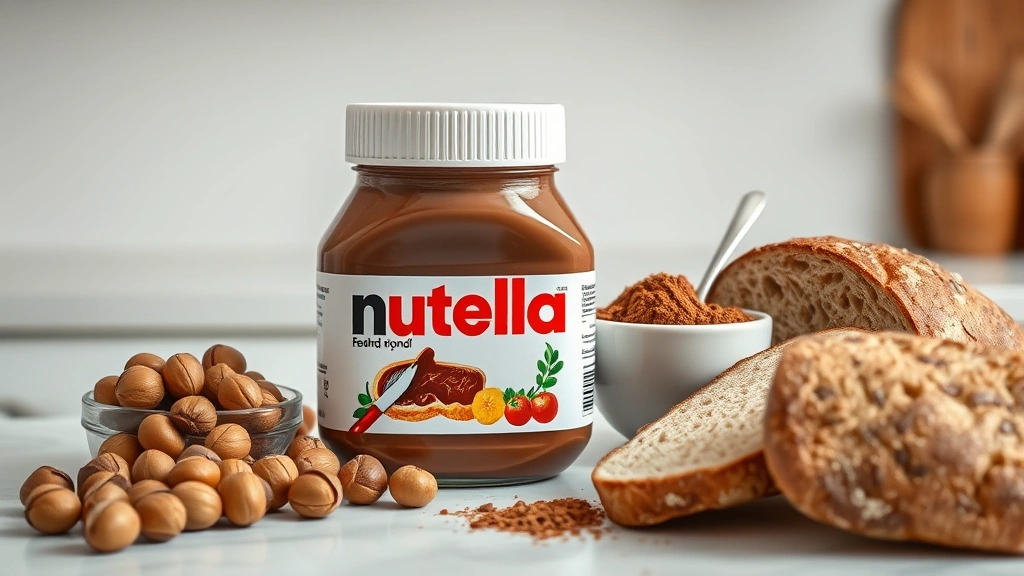 Nutritionist comparing Nutella jar next to fresh hazelnuts, cocoa powder, and whole grain bread on a clean kitchen counter, professional food photography aesthetic