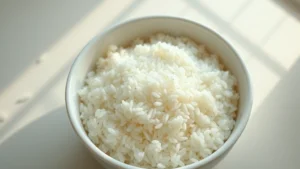 Overhead shot of a white ceramic bowl filled with fluffy white cooked rice on a bright kitchen counter, with scattered grains and steam rising, natural daylight streaming from the side, photorealistic