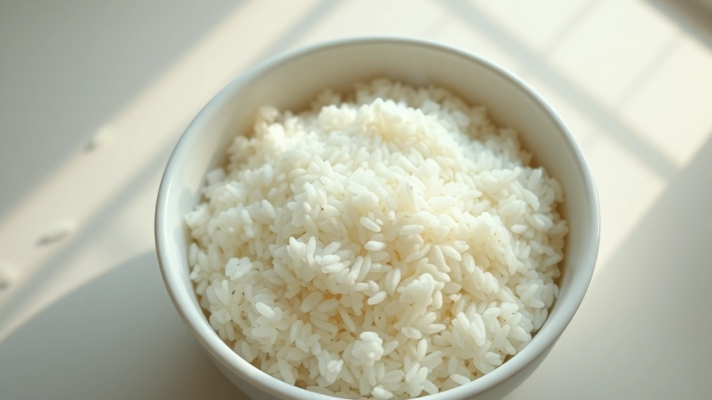 Overhead shot of a white ceramic bowl filled with fluffy white cooked rice on a bright kitchen counter, with scattered grains and steam rising, natural daylight streaming from the side, photorealistic