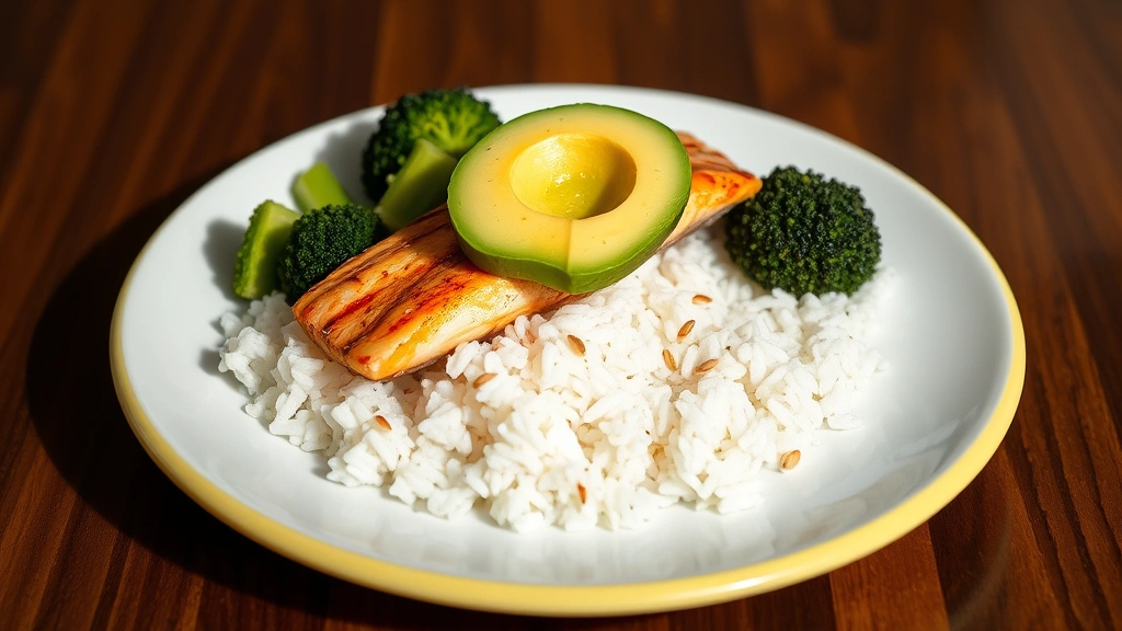 Colorful plate with white rice as the base, topped with grilled salmon fillet, steamed broccoli florets, and sliced avocado, garnished with sesame seeds, professional food styling, bright natural lighting