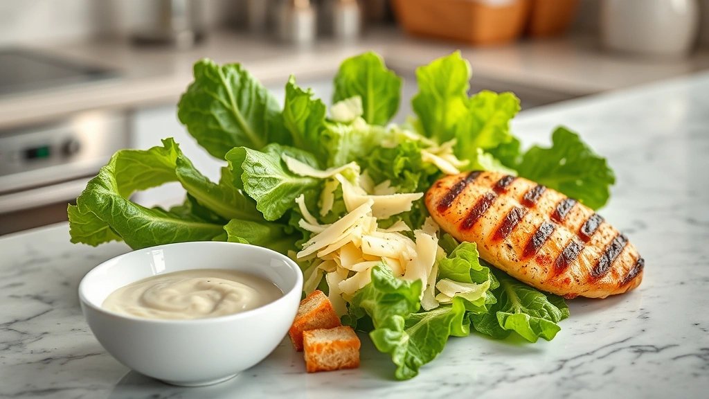 Professional food photography showing deconstructed Caesar salad components: fresh romaine lettuce, creamy dressing in a white bowl, shaved Parmesan cheese, croutons, and grilled chicken breast artfully arranged on a clean kitchen counter with natural lighting