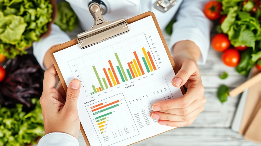 Close-up of a nutritionist's hands holding a clipboard with dietary analysis charts, surrounded by fresh salad ingredients like lettuce, tomatoes, and measuring tools, representing professional nutrition evaluation and meal planning