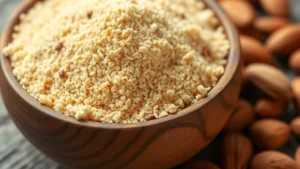 Close-up of freshly ground almond meal in a wooden bowl, showing fine golden texture with almonds scattered nearby, natural lighting highlighting granular detail and nutritional quality