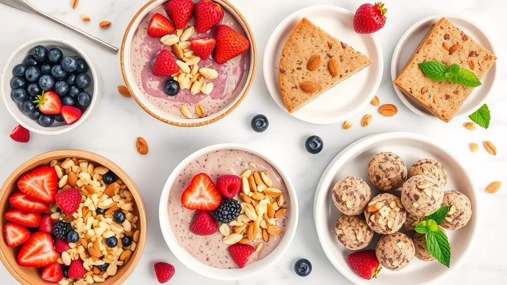 Overhead view of diverse healthy foods featuring almond meal-based dishes: smoothie bowl, baked goods, and energy balls arranged on marble surface with fresh ingredients like berries and nuts