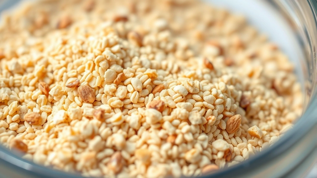 Microscopic or magnified view of almond meal granules showcasing nutritional components, with soft focus background suggesting laboratory or analytical setting, emphasizing quality and purity