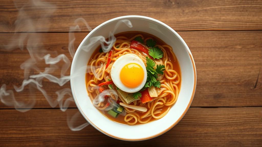 Overhead view of steaming bowl of instant noodles with vegetables and egg, warm steam rising, professional food photography, wooden table background, natural lighting