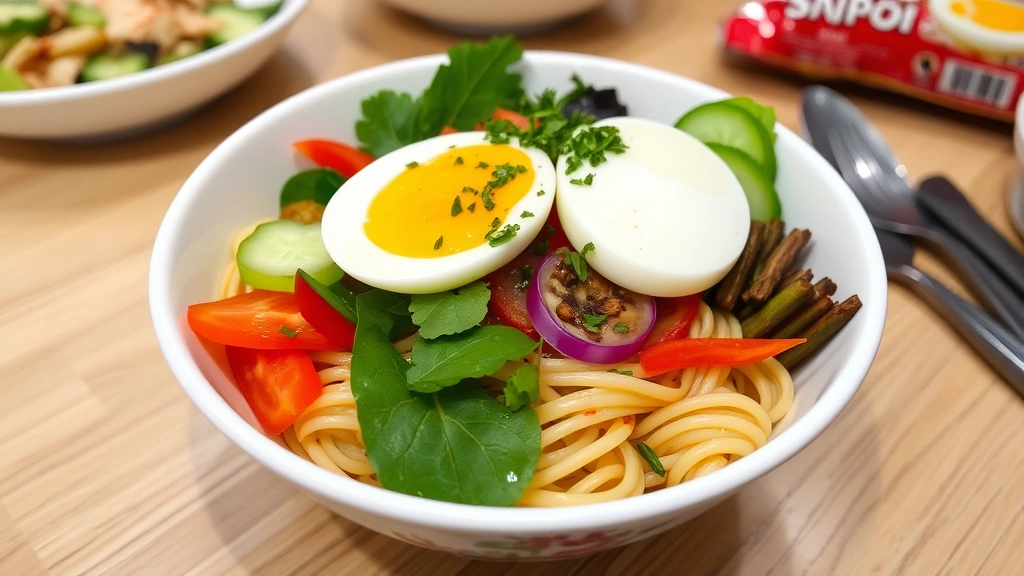 Healthy instant noodle bowl topped with fresh vegetables, soft-boiled egg, and herbs, vibrant colors, appetizing presentation, minimal packaging visible, dinner table setting