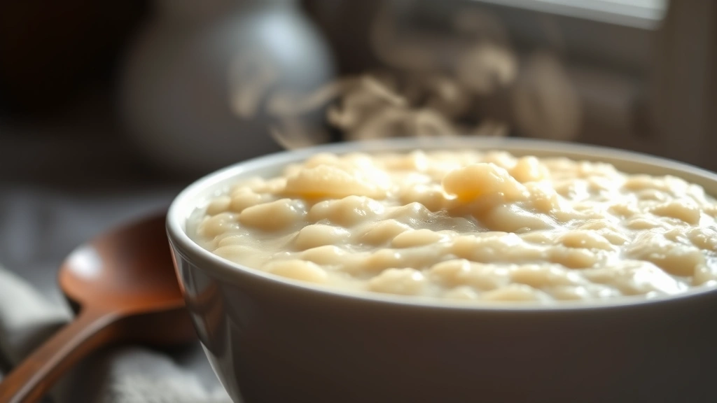 Close-up of creamy hominy grits in white ceramic bowl with steam rising, wooden spoon resting beside, warm morning light filtering through kitchen window, soft focus background