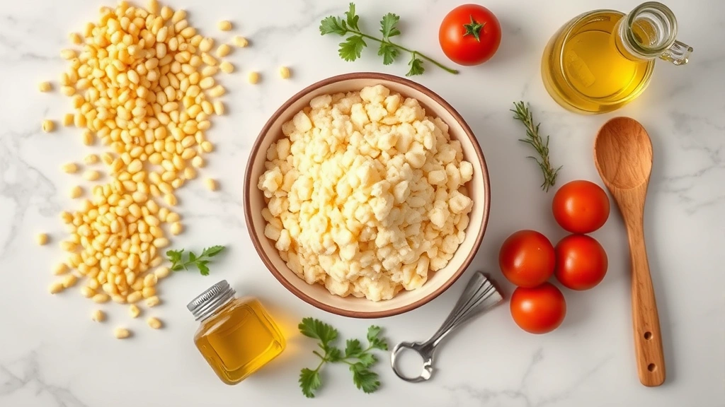 Overhead flat lay of hominy grits preparation ingredients: dried corn kernels, bowl of cooked grits, fresh vegetables, herbs, olive oil bottle, and wooden spoon arranged artistically on marble countertop