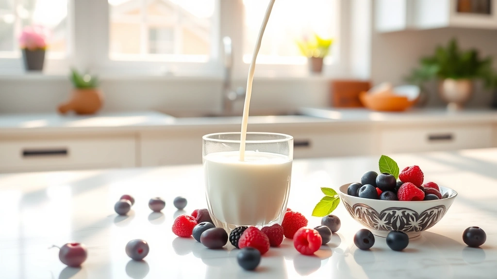 Glass of white skim milk pouring into a ceramic bowl on bright kitchen counter with fresh berries scattered nearby, natural morning light streaming through windows