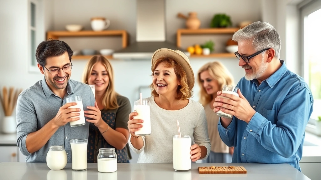 Diverse group of people of different ages enjoying milk-based beverages in modern bright kitchen setting, emphasizing milk's nutritional benefits across life stages