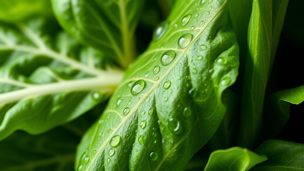 Close-up of fresh pak choi leaves showing vibrant green coloring and crisp texture, water droplets visible on surface, natural lighting highlighting cellular structure and leaf veins