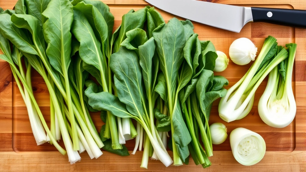 Overhead view of multiple pak choi varieties arranged on wooden cutting board with chef's knife, displaying different cultivar sizes and colors, fresh preparation aesthetic