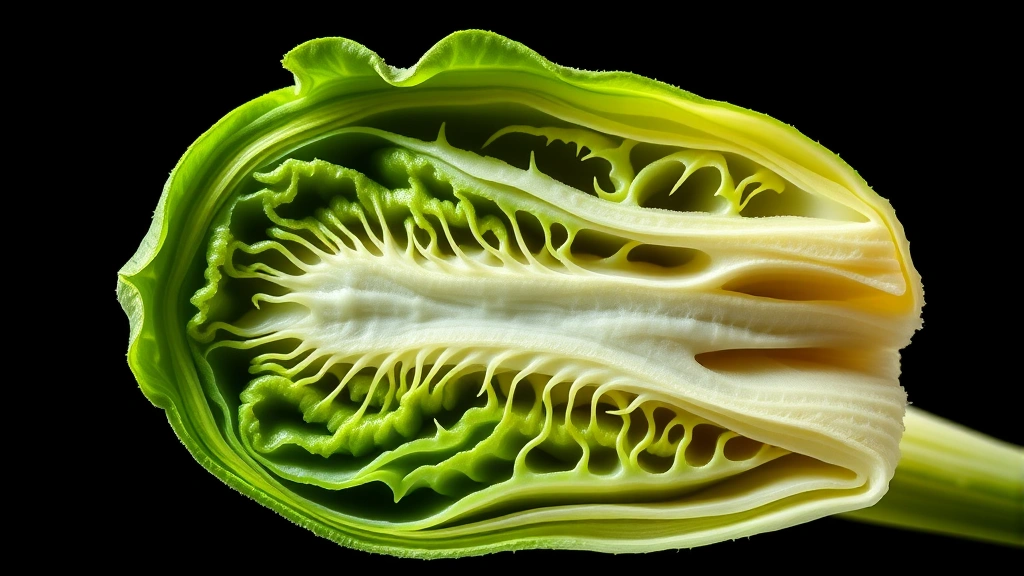 Macro photography of pak choi cross-section showing internal cellular structure and fibrous tissue, professional studio lighting emphasizing nutritional density and plant anatomy